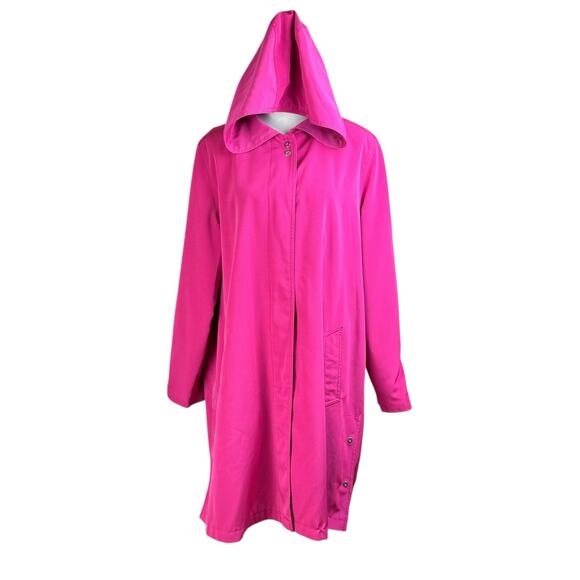 Gallery Pink Hood Button Closure Padded Shoulder Lined Long Rain Jacket Pockets - Picture 1 of 13